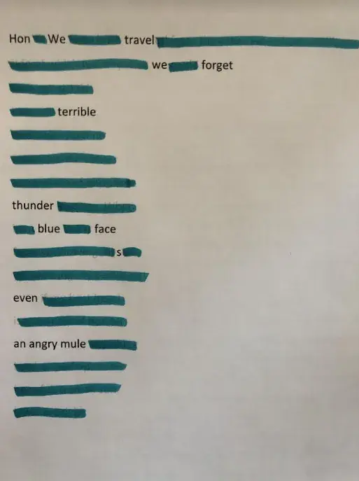 Typed words on paper with sections marked out with teal marker.  "Hon We travel we forget terrible thunder blue face s even an angry mule"