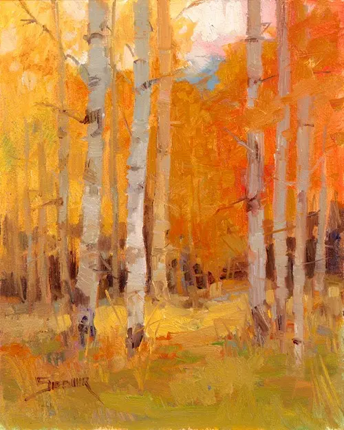 Painted scene of Aspen trees in full orange and yellow folliage of fall.