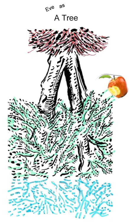 Ink drawing of a tree, seemingly upside down, with an apple off to the right side.  The apple has a bite taken out of it.